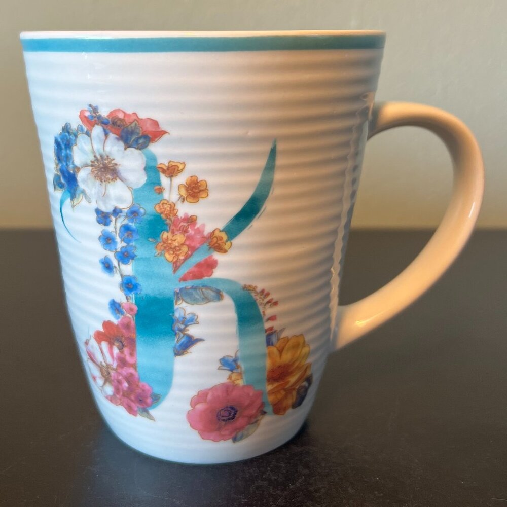 LISA AUDIT Monogram Letter K Initial Floral Ceramic Coffee Mug 16oz Tea Cup